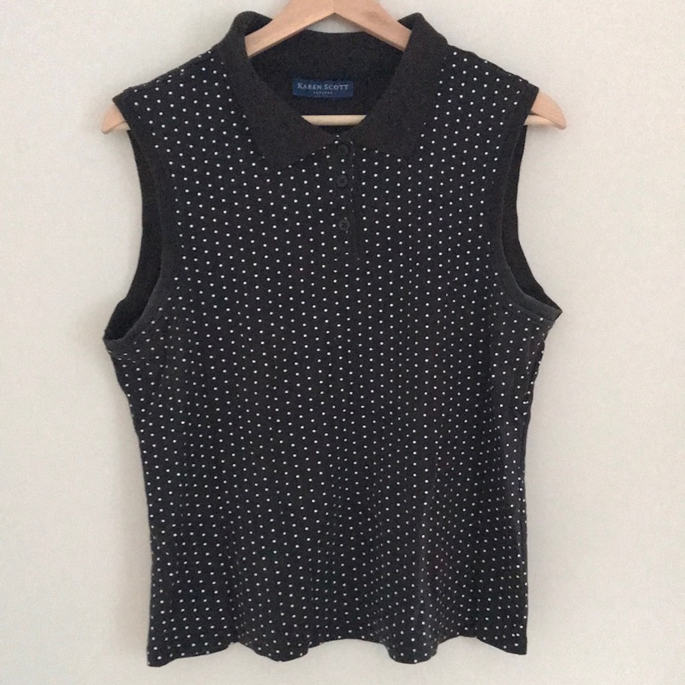 Black and white polka dot collared sleeveless shirt